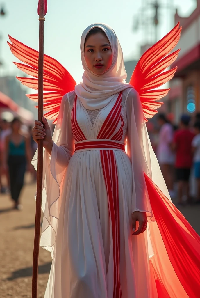 Muslim woman wearing a dress made of used plastic, soft transparent red and white colour with red and white, with wings like Indonesian garuda, elegant minimalist clasik design, wearing a white long skirt with red and blue straight line pattern, carnival event, very realistic, very realistic, (complex detail: 0.9), (hdr, hyperdetail: 1.2), RAW, Sony Alpha a9 II, 24-105mm f/4, HDR, holding a spear