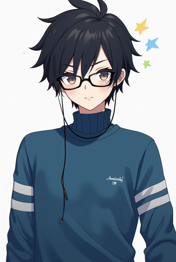 Anime,black hair,blue sweater with 2 white stripe,glasses, headphone ,boy, should not be cute just awesome but the hair is nice not rock but like the drawing is cute but the face is not