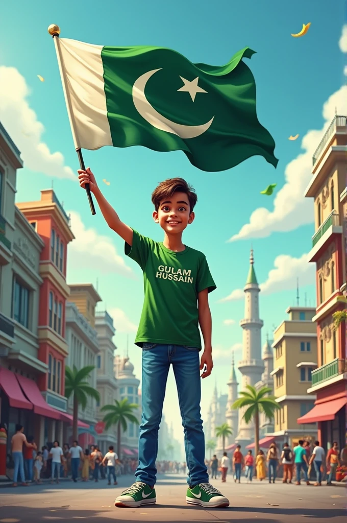 A real 18"years old boy, Wearing green T shirt blue jeans sneakers and the name “Gulam Hussain is written on his t-shirt and the boy is standing on the road with holding a national flag of Pakistan and behind him is the Lahore And written on sky “Independence Day” Create Realistic image high quality..