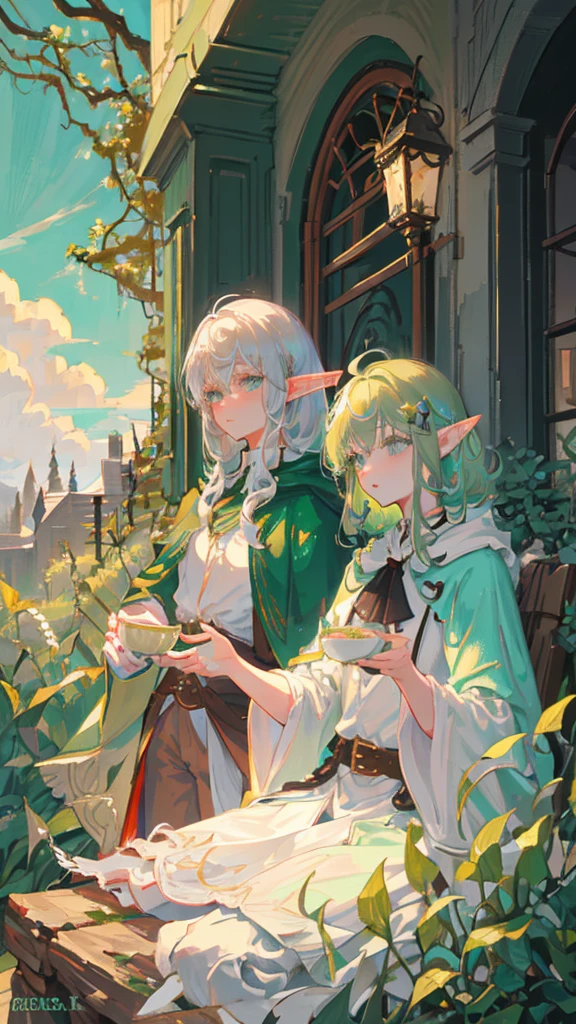 Elf, silver hair, medium hair, medium cut, ahoge, curly hair, green eyes, slim, fair skin, white robes, green cloak, fingerless gloves, brown pants, belt, androgynous, dignified々 A cute man. In her garden, she protects her cup with her elegant hands and sips her tea from time to time.