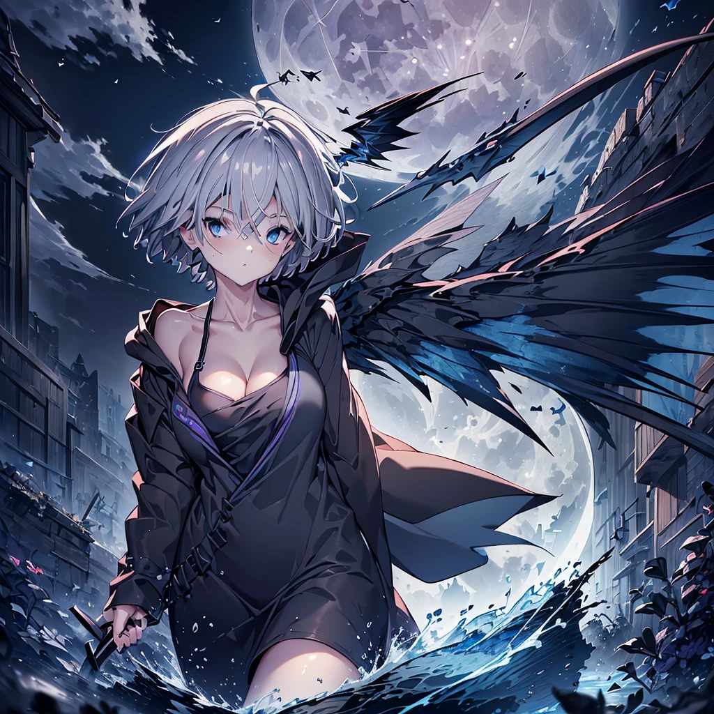 ((((grim Reaper　Inflammation))))　(((Gray Hair　short hair　blue eyes　woman　central)))，((night　full moon　My own big wings))，(Wearing a hood　Black camisole　Purple light)，　A tense look　Shining Background　Shining Edges