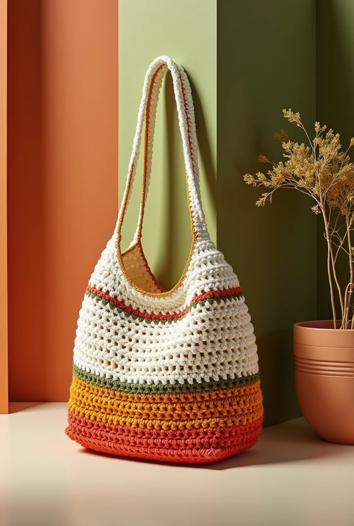 Act as designer,Create some image of Crochets bag with colour combination of white ,red, green and mustard for 2025 trends