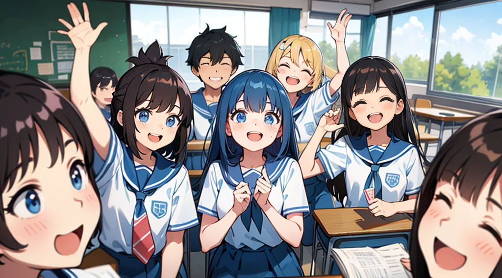 The background is a classroom。The boys and girls are laughing out loud with big, happy smiles.。