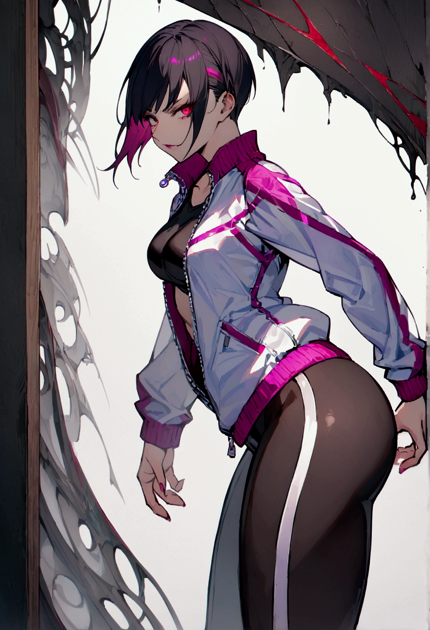 standing,alone,short hair,work of art,face detailed,beautiful young fitness woman with , in a gym wearing May with black hose, white and purple tight short gym jacket. standing alone,red eyes glowing,Evil smile,legging preto ,labiak eye shadow,shining eyes,a hand leaning against the wall,neckleace,jacket zipper half open,Tight black shirt,white sports tennis shoes,short hair with purple details,beautiful curves,whole body,hair with purple details,labiaa,det face and eyes,work of art,sexy look,pefilom sideways,from sideways,Tuuli,red ray eye coming out