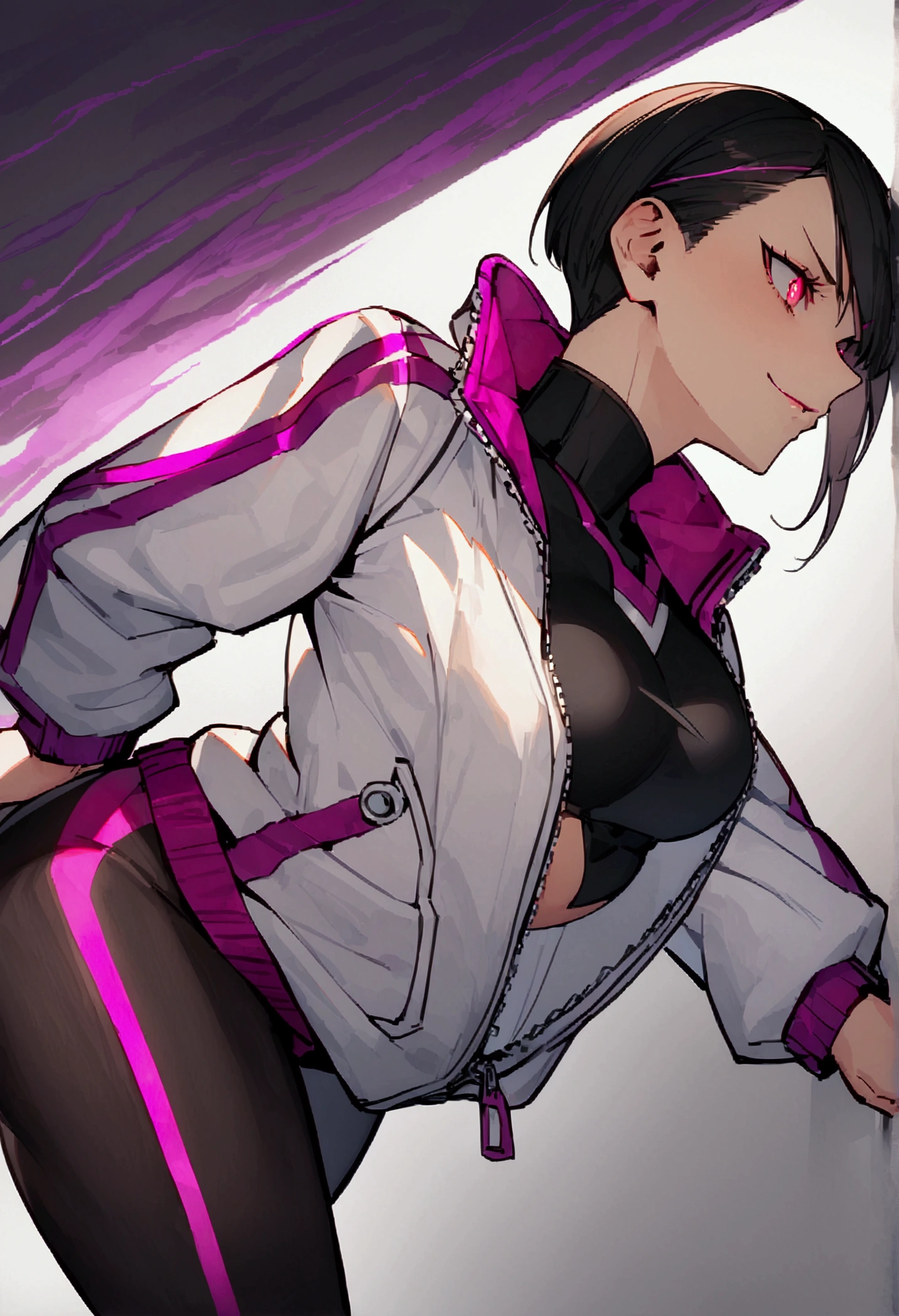 standing,alone,short hair,work of art,face detailed,beautiful young fitness woman with , in a gym wearing May with black pantyhose, white and purple tight short gym jacket. standing alone,red eyes glowing,Evil smile,legging preto ,labiaa,dark eye shadow,shining eyes,a hand leaning against the wall,neckleace,jacket zipper half open,Tight black shirt,white sports tennis shoes,short hair with purple details,beautiful curves,whole body,hair with purple details,labiaa,detailed face and eyes,work of art,sexy look,pefil from sideways,from sideways,Tuuli,red ray eye coming out
