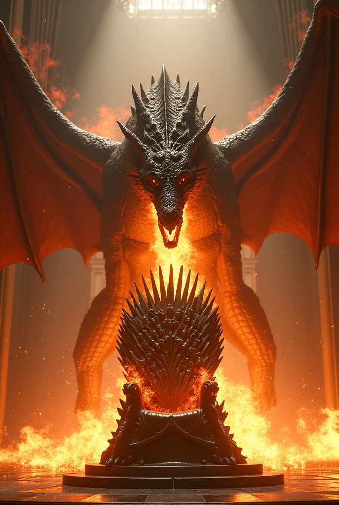 A dragon from game of thrones burning a throne