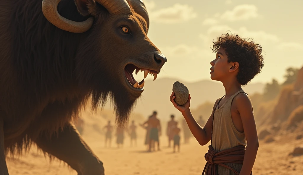 The boy is standing in front of a huge animal that is blocking the way of the people. The boy picks up a stone in his hand and prays. There is a look of faith on his face, and aggression on the face of the animal.