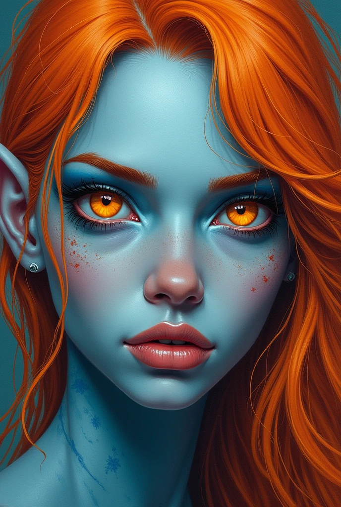 (((masterpiece))), (((Best Quality: 1.4))), ((Super detail: 1.4)) , hyper detailed gouache painting of a Tiefling woman, beautiful exotic features, amber neon eyes:1.5,  Orange hair, hyper detailed facial features, expressive face, Detailed textures, blue skin tone, tattoos, natural fur shader, volumetric, warm nuances under your skin, ultra high resolution