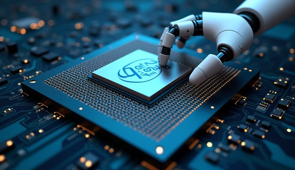 In the centre of the image is a huge tech chip (symbolising an Intel CPU) and in the background is a robot arm fused with a tax bill or document. The background colours should be tech blue, silver and dark grey to show a high-tech and futuristic look.