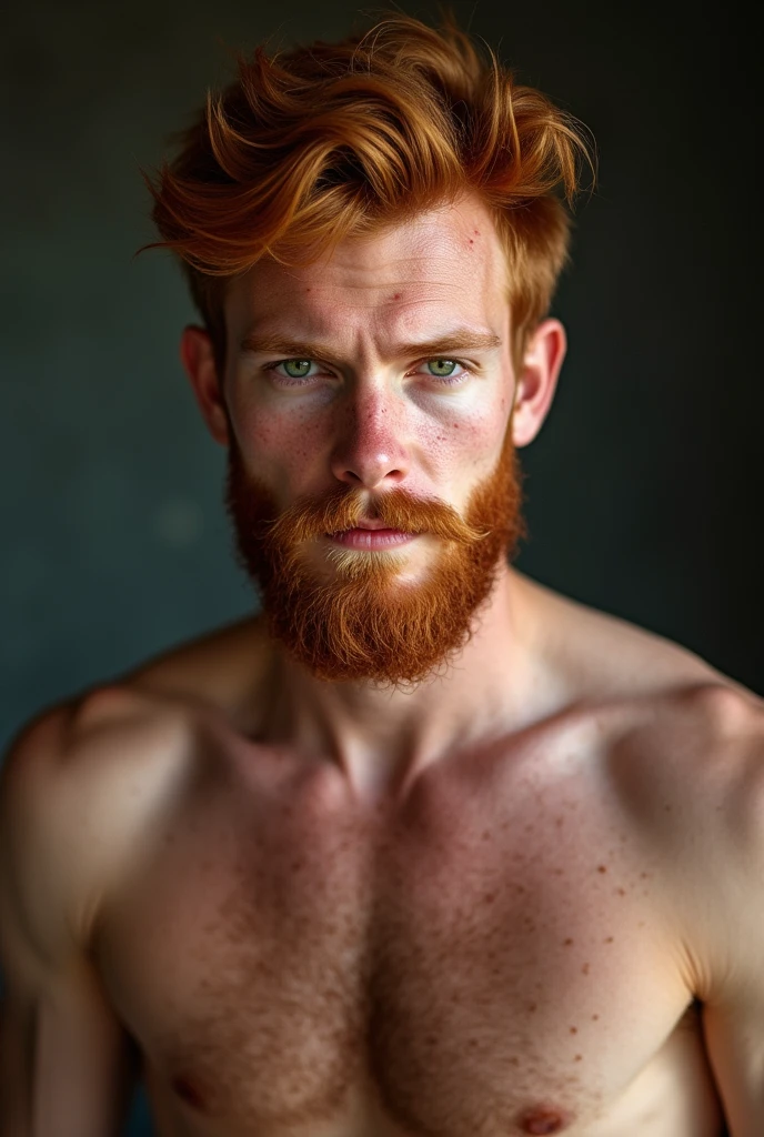 Shirtless ginger young man, bearded face, with freckles on face and shoulders, hairy chest, with green eyes showing his armpits