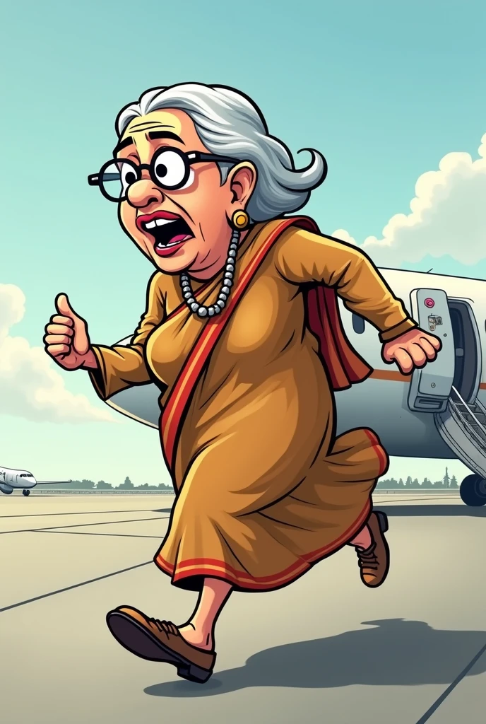 sheikha hasina running towards plane on the surface,,grey and white hair,,wearing a saree,,in a hurry,,feared and worried expression,,cartoon,,with a big head and big nse,,wearing glasses,,running,,saree on her head,,fat
left side profile,,open mouth,,disgusting face