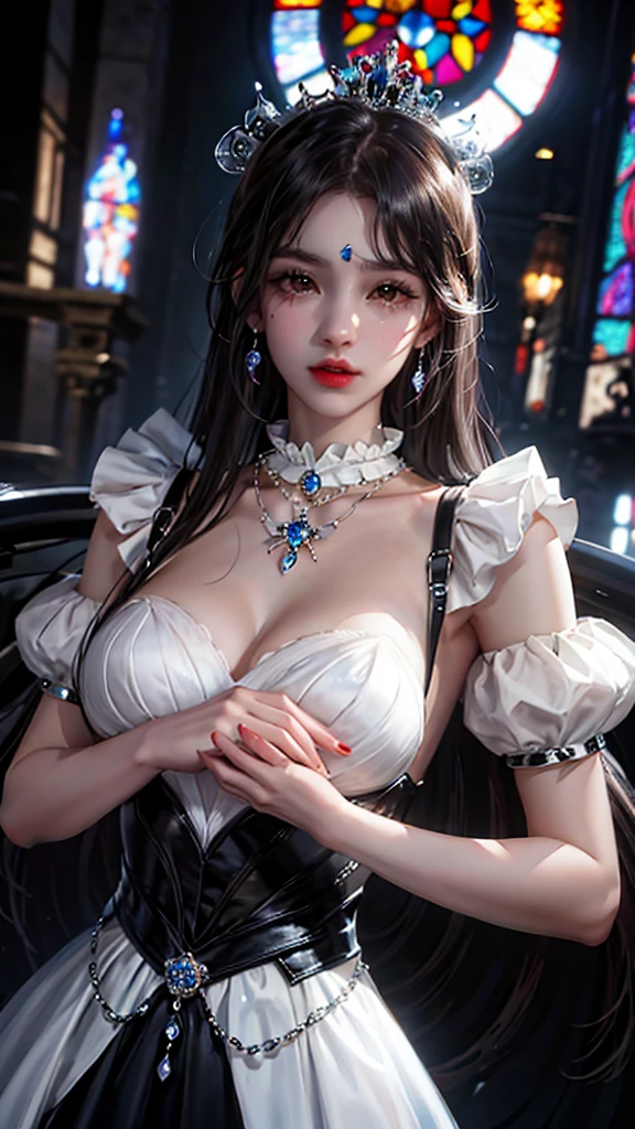 Princess, Western-style, cute, 20 years old, fair skin, white eyes, dress, night, hands clasped, stained glass