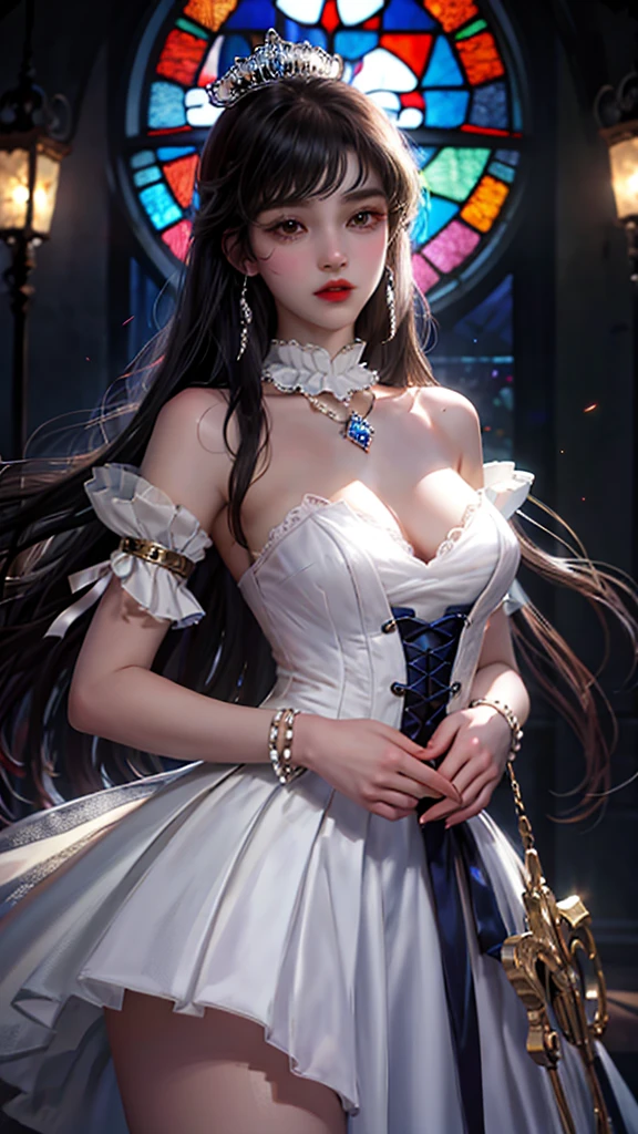Princess, Western-style, cute, 20 years old, fair skin, white eyes, dress, night, hands clasped, stained glass