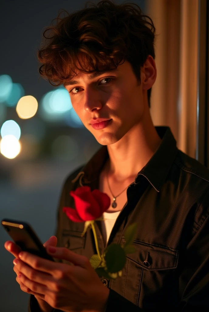 Scene Overview: A handsome young Thai man teenager with fair skin and an oval face, aged 20-25, D-cup and holding a phone in hand and red rose in hand Visual Elements: in the night