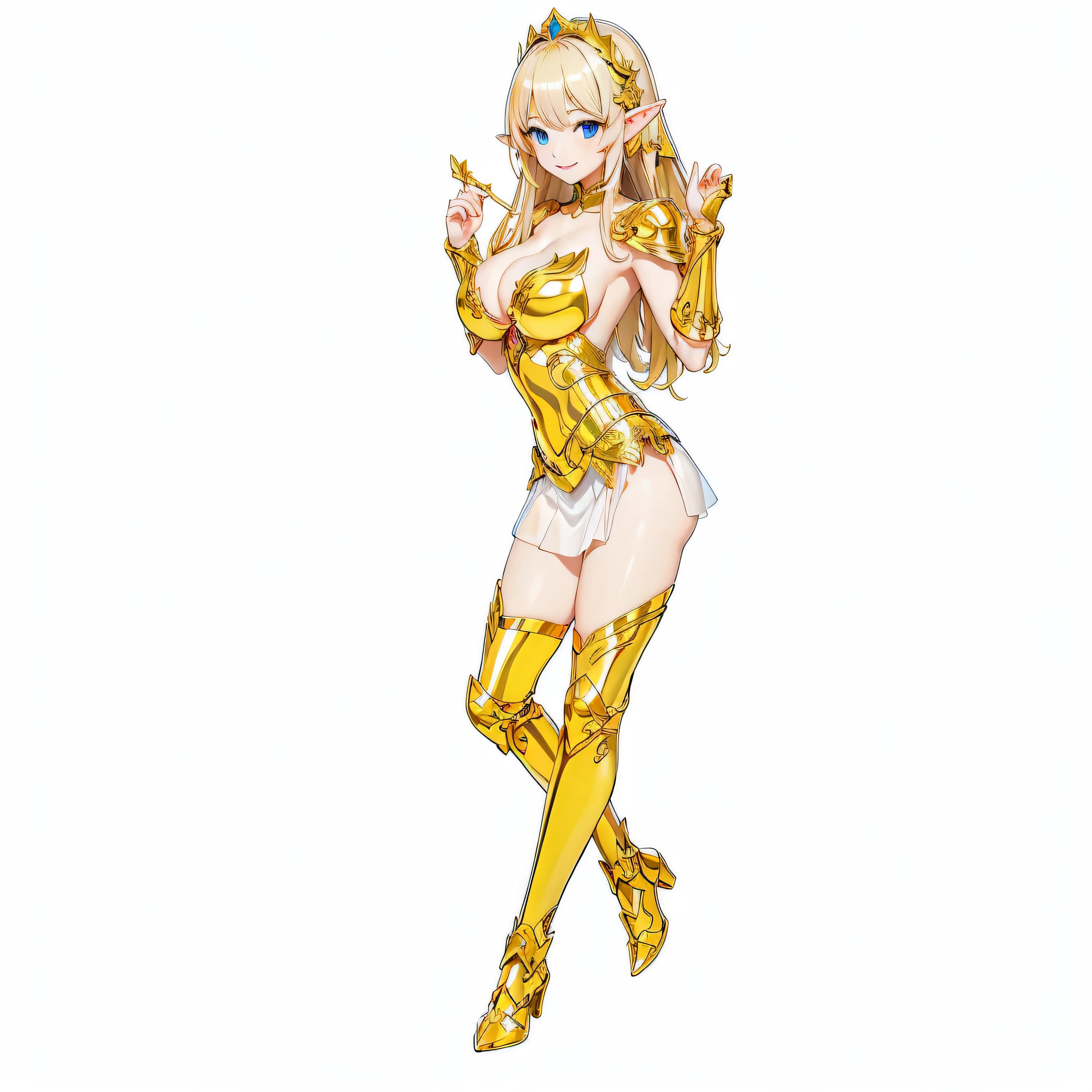 Highest quality、Very detailed、High resolution、16k、Thin contours、耳の長いElf、Nipples are visible、Shining golden armor、Gold bikini armor、Very large breasts、Very large breasts、Very transparent white skirt、chest proportion、Smile of the Goddess、Elfの女の子、Very white skin、Beautiful fingers、Perfect Style、Elf、No bra、Blonde hair and blue eyes、Cool smile