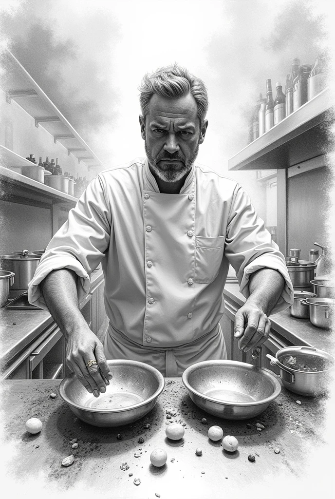 Make me an image of a situation where a chef is in the kitchen and is controlling the essence of the emergency in the kitchen. Do it in pencil or as a drawing that is very creative. 