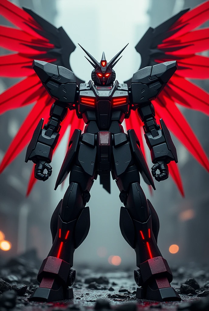 with wings on its back.
The wings on its back are red.、Draw a Gundam with a villainous vibe