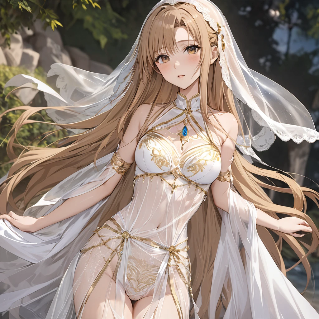 ((Highest quality)), ((masterpiece)), (detailed), (Perfect Face)、The woman is Yuuki Asuna, with light brown, medium-long hair, wearing a completely transparent outfit with gorgeous gold embroidery and trim, a veil, a transparent cape, and gorgeous accessories.、The woman is not wearing a bra、The woman is not wearing underwear