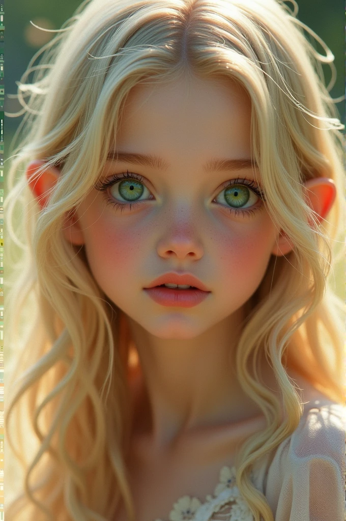A girl with long blonde hair ,Big green eyes