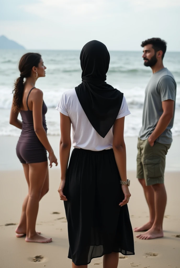 with black headscarf, black skirt, white t-shirt, Brown eyed, 3 barefoot women chatting with men on the beach. 