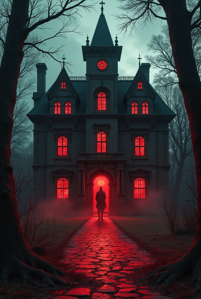 Create the cover for my book featuring a bloody mansion where rituals are performed and spirits are trapped within. 