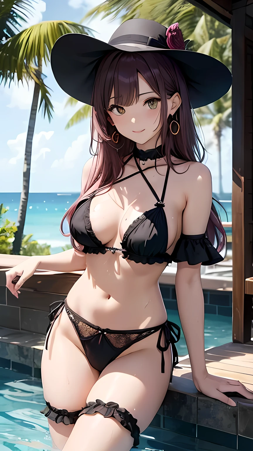 masterpiece,Ultra-high resolution、Highest quality、Sexy pose、model、Poolside、Soaking wet woman、Wet Hair、Water dripping from the body、Black and pink hair、Long Hair:1.2, Yellow Eyes, smile、Tilt your head、Large gold earrings:1.5,、Small breasts、the body is slim、Tight waist、Spread your legs,Cowboy Shot、Plain black bikini with frilled trim、Lace Armlet、Garter Ring