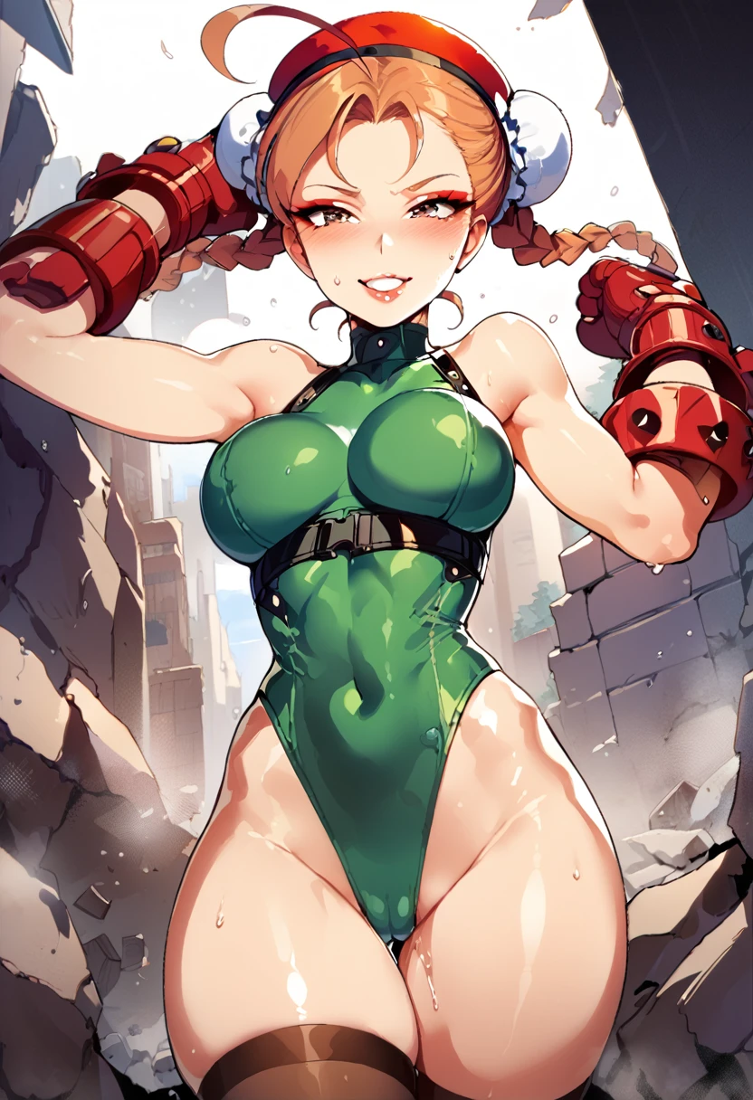 masterpiece,best quality,extreme detail,8k,cammyfn, 1girl, solo, long hair, breasts, blue eyes,brown blonde hair, large breasts, gloves, red hat, braid, ahoge, twin braids, leotard, lips, makeup, beret, scar, antenna hair, nose, harness, huge ahoge, green leotard,sleeveless, sweaty,sweat, exhausted,sleeveless,cross eye, full body , 1girl, (solo:1.2), (jumping:1.3), (mid air:1.3), (cowboy shot:1.5), smile, happy, (masterpiece:1.3), (best quality:1.3), (perfect anatomy:1.4), highly detailed, chun li, brown eyes, short hair, double bun, bun cover, blue dress, pelvic curtain, spiked bracelet, sash, brown pantyhose, (post fight scenery:1.3), rubble, outside, daylight, nyantcha, expressive faces, anime-inspired, (cell shading:1.2), lips, merging
