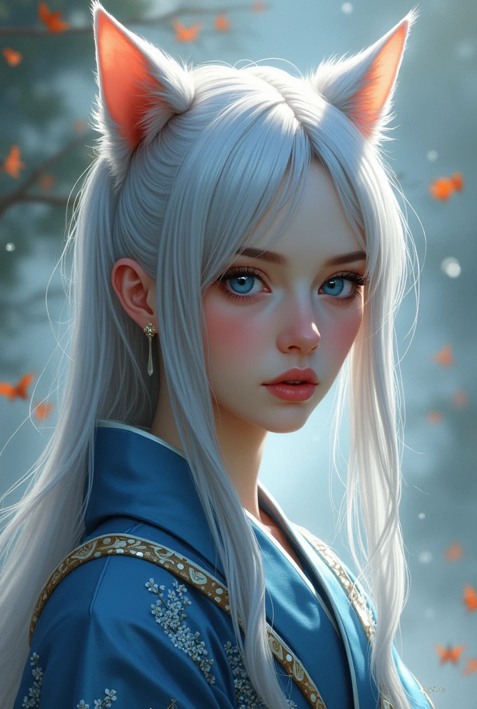 Cat ear、Real、Silver Hair、Long Hair、Blue Eyes、kimono