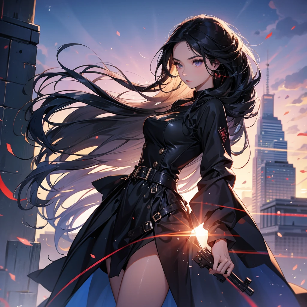 a beautiful woman with long black hair, wearing a tight violet dress, standing holding a pistol, aiming the barrel at the bad guys, on a tall building, the sun is setting, close up.