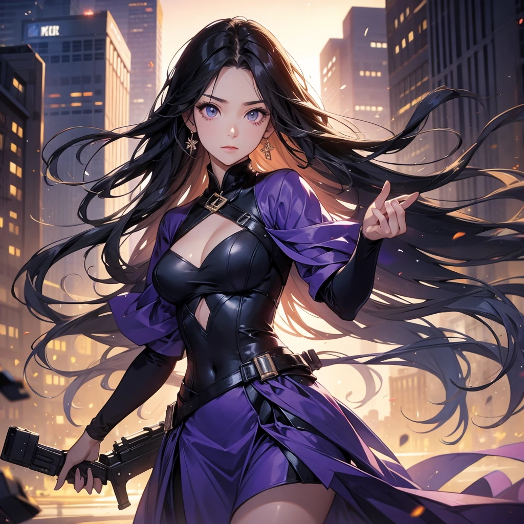 a beautiful woman with long black hair, wearing a tight violet dress, standing holding a pistol, aiming the barrel at the bad guys, on a tall building, the sun is setting, close up.