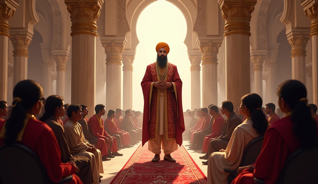A scene showing Maharaja Ram Singh interacting with citizens, addressing their concerns about law and order, and explaining the improvements in the judicial system. Include elements that reflect public trust and satisfaction.in Dall e-3 style