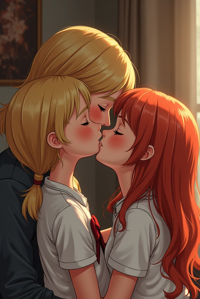 2 loli girls (a 7 year old blonde)(a 16 year old redhead)kissing with a man