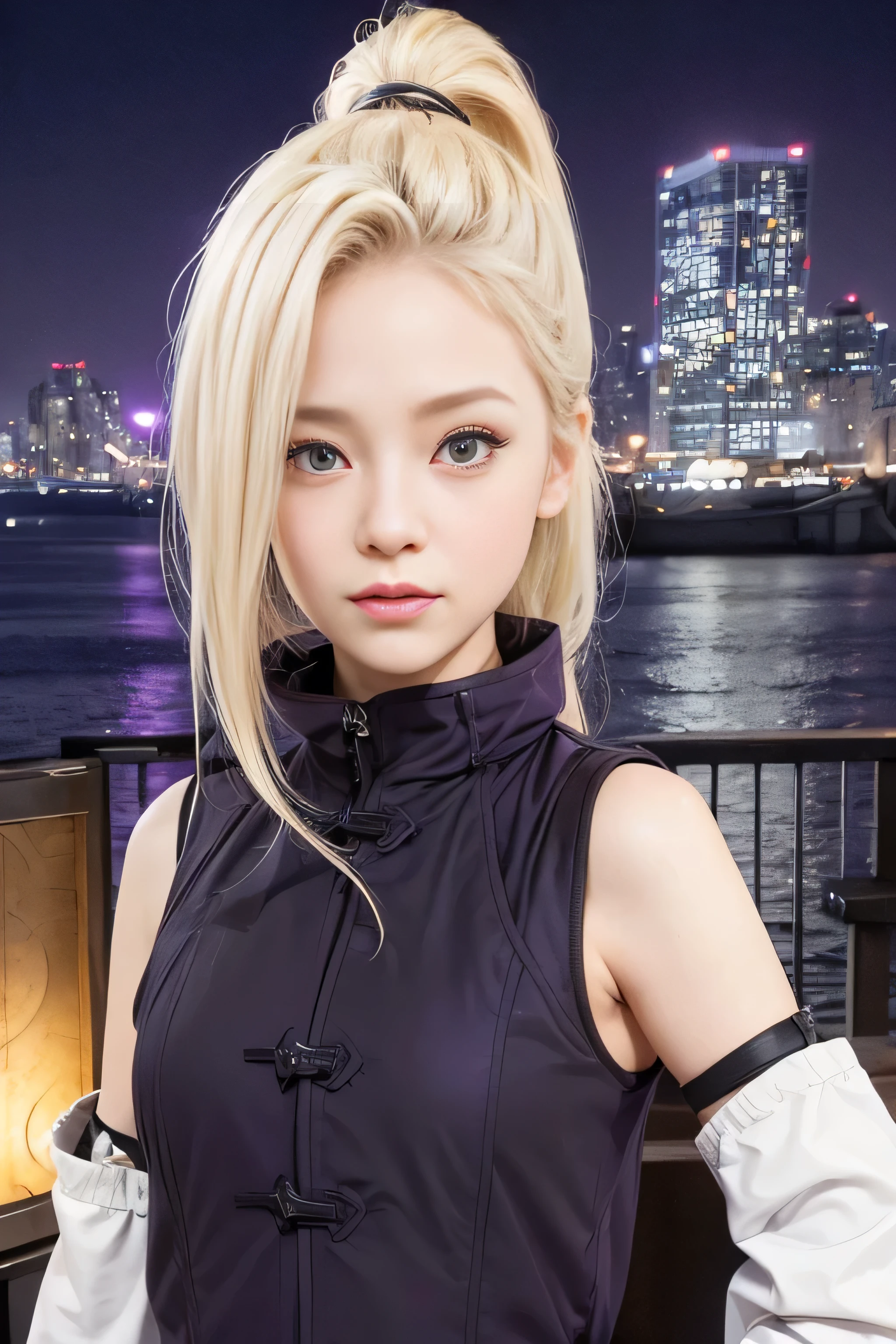 masterpiece, best quality, (realistic,photo-realistic:1.4), (RAW photo:1.2), extremely detailed CG unity 8k wallpaper, delicate and beautiful, amazing, finely detail,official art, absurdres, incredibly absurdres, huge filesize, ultra-detailed, extremely detailed, extremely detailkcaled girl,extremely detailed eyes and face, light on face,little smiles,(long hair:1.3),(blonde hair:1.3)(city background:1.4),yamanaka ino,(purple coat:1.5),ponytail,night,sleeveless