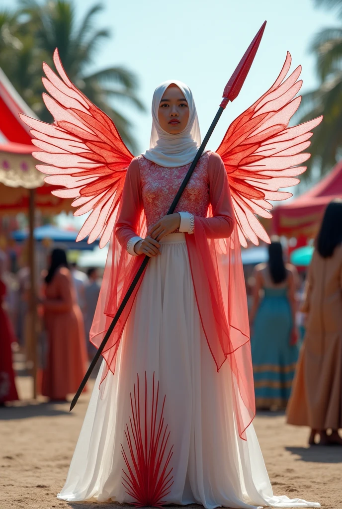Muslim woman wearing a dress made of used plastic, soft transparent red and white colour with red and white, with wings like Indonesian garuda, elegant minimalist clasik design, wearing a white long skirt with red and blue straight line pattern, carnival event, very realistic, very realistic, (complex detail: 0.9), (hdr, hyperdetail: 1.2), RAW, Sony Alpha a9 II, 24-105mm f/4, HDR, holding a spear