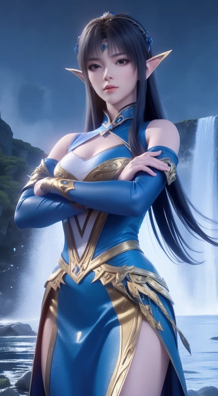 Woman in blue and gold costume posing by waterfall, Alylia from league of legends, extremely detailed Artistic Germ, Alylia, Portrait of the Knights of the Zodiac, trending Artistic Germ, ruan jia and Artistic Germ, Full body fairy, IG model | Artistic Germ, Artistic Germ and ruan jia, xianxia hero