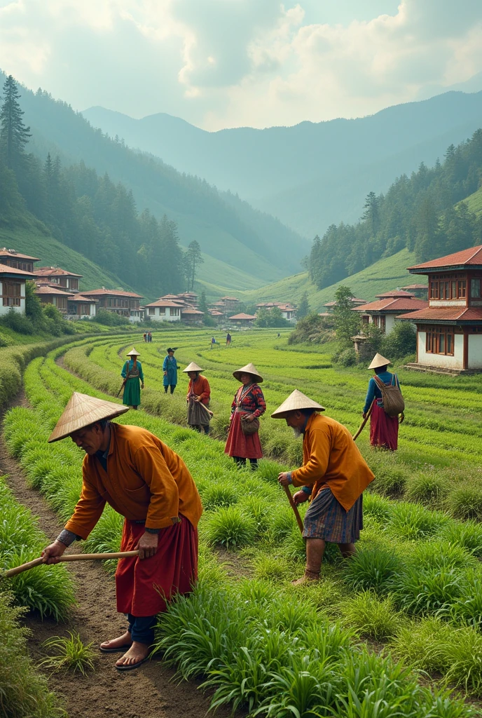 Bhutanese villagers working in feild
