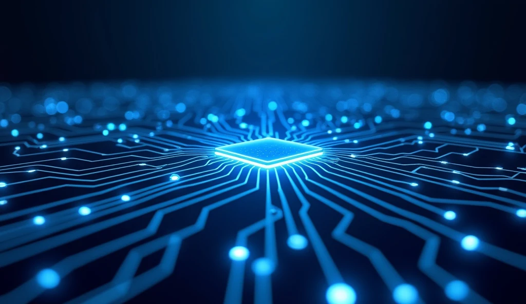 A sleek, modern illustration of a digital circuit board with glowing blue pathways, set against a dark blue gradient background