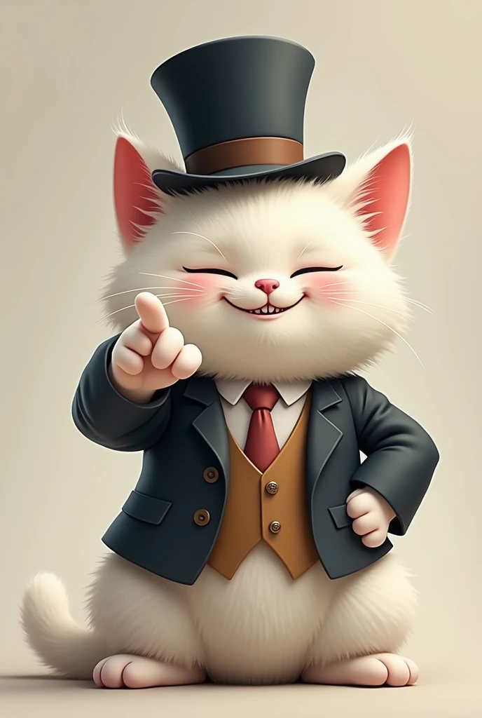 A sly white fluffy cat in a suit and top hat is sitting and smiling, pointing his finger forward.