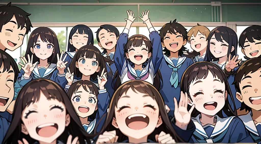 The background is a classroom。The boys and girls are laughing out loud with big, happy smiles.。