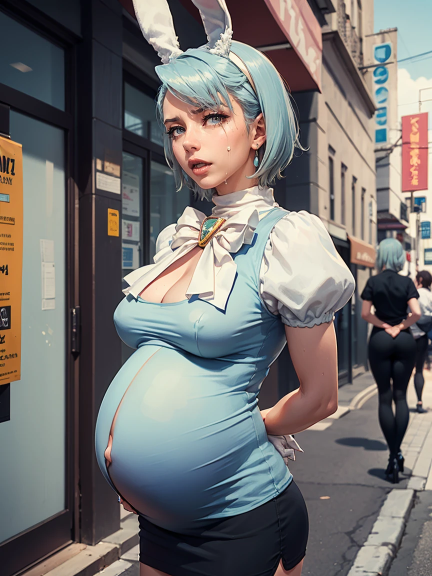 Beautiful woman is shown to have a athletic figure, she is wearing a beautiful nsfw dress, (aafranziska, light blue hair:1.5), ascot, (crop top), puffy sleeves, pencil skirt, pantyhose, black gloves, jewelry, earrings, (black bunny ears:1.4), black lips, (tears:1.4), girl standing in street, looking down, sexy session, (arms behind back:1.7), exposed cleavage, (pregnant:1.4), cowboy shot, superior quality, many details, realistic