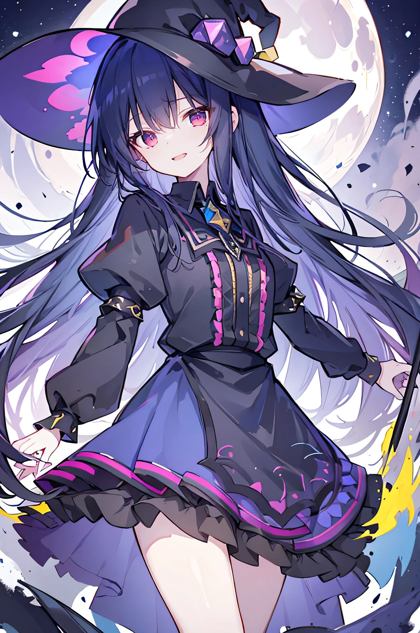 oung Girls,Humanity,A magician always smiles,big witch hat,cute,dark blue long hair,The eyes are dull,The bangs are heavy,Thin eyebrows,fantasy,intake,Double teeth,Star Theme,Constellation pattern,Solid color clothetal decoration,cloak,A bit of a dark atmosphere,A little crazy smile,When the big moon shines outside at night,blood,Hair black star embellishment,Short tie,No nails,High waist skirt,Bell sleeves,Long-sleeved shirt,Black tie,low risk,gentlemen。Mist、Yellow and white effect,Shocking pink as an accent color
