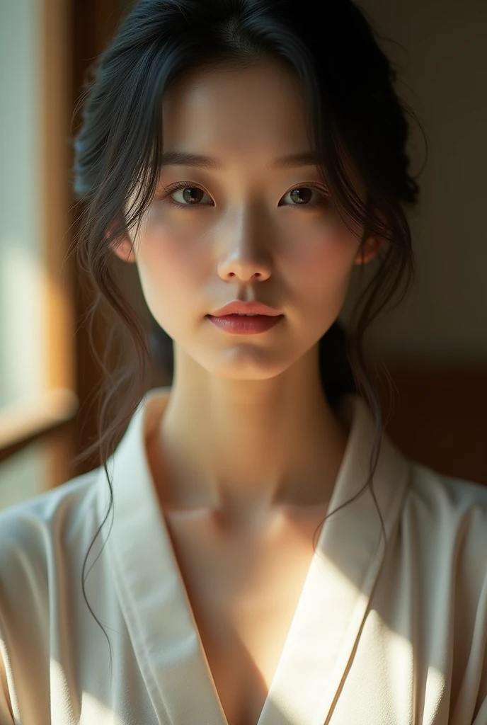 An elegantly dressed Japanese woman in natural light、A close-up of her chest and calm expression.、It shows her inner peace and outer charm.。