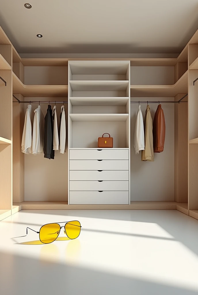 The huge new walk-in closet is still empty.、There is only one pair of yellow sunglasses lying there in the world。