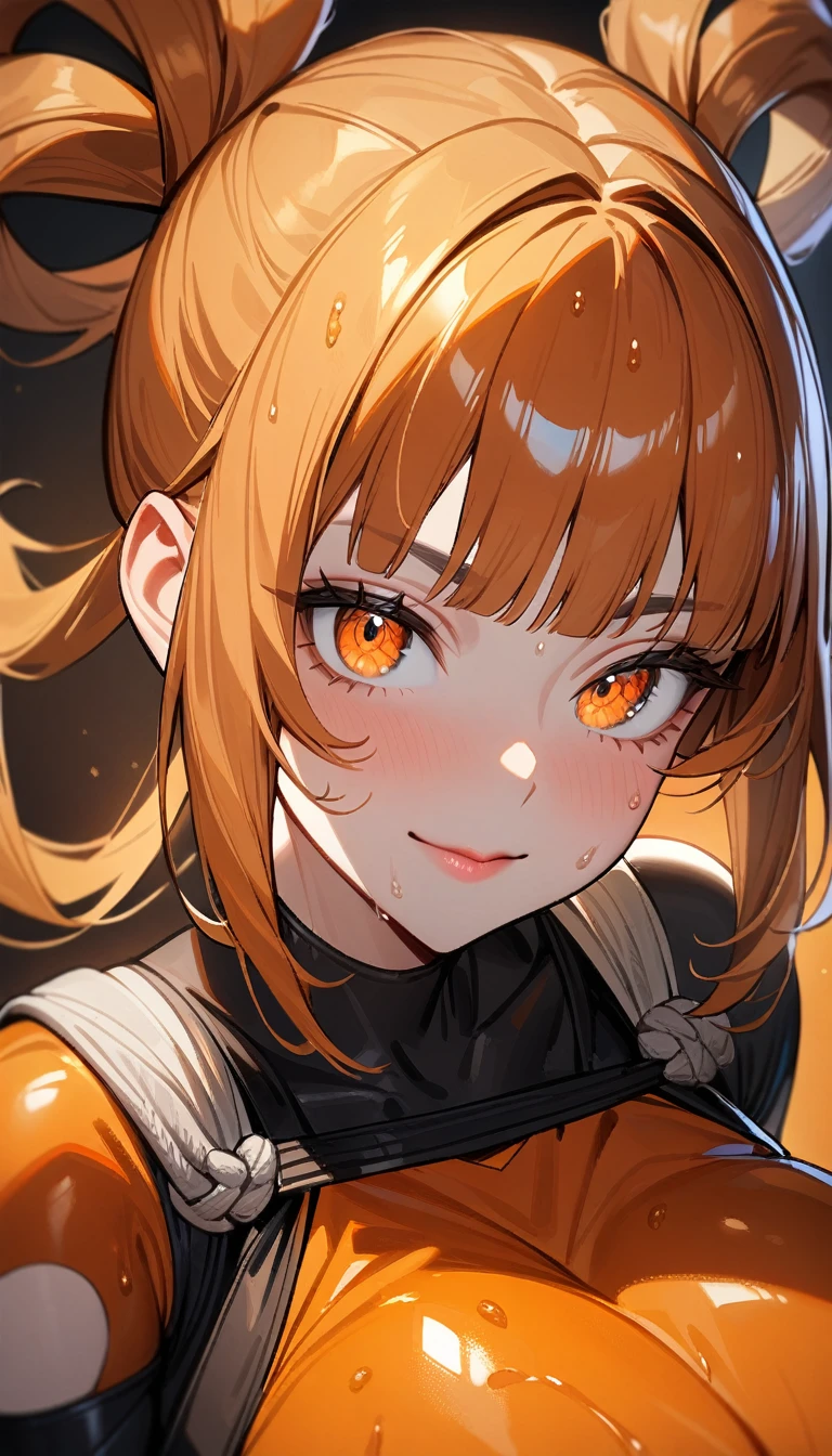 1girl,solo,super detailed skin,shiny skin,wet oily skin,expressionless face,smile,orange hair,blunt bangs,hair rings,detailed eyes,eyelashes,lips gloss,large breasts,asymmetry body suit,Shinobi clothes,fist,orange magic ,simple background,masterpiece,best quality,ultra detailed,high resolution,sharp focus