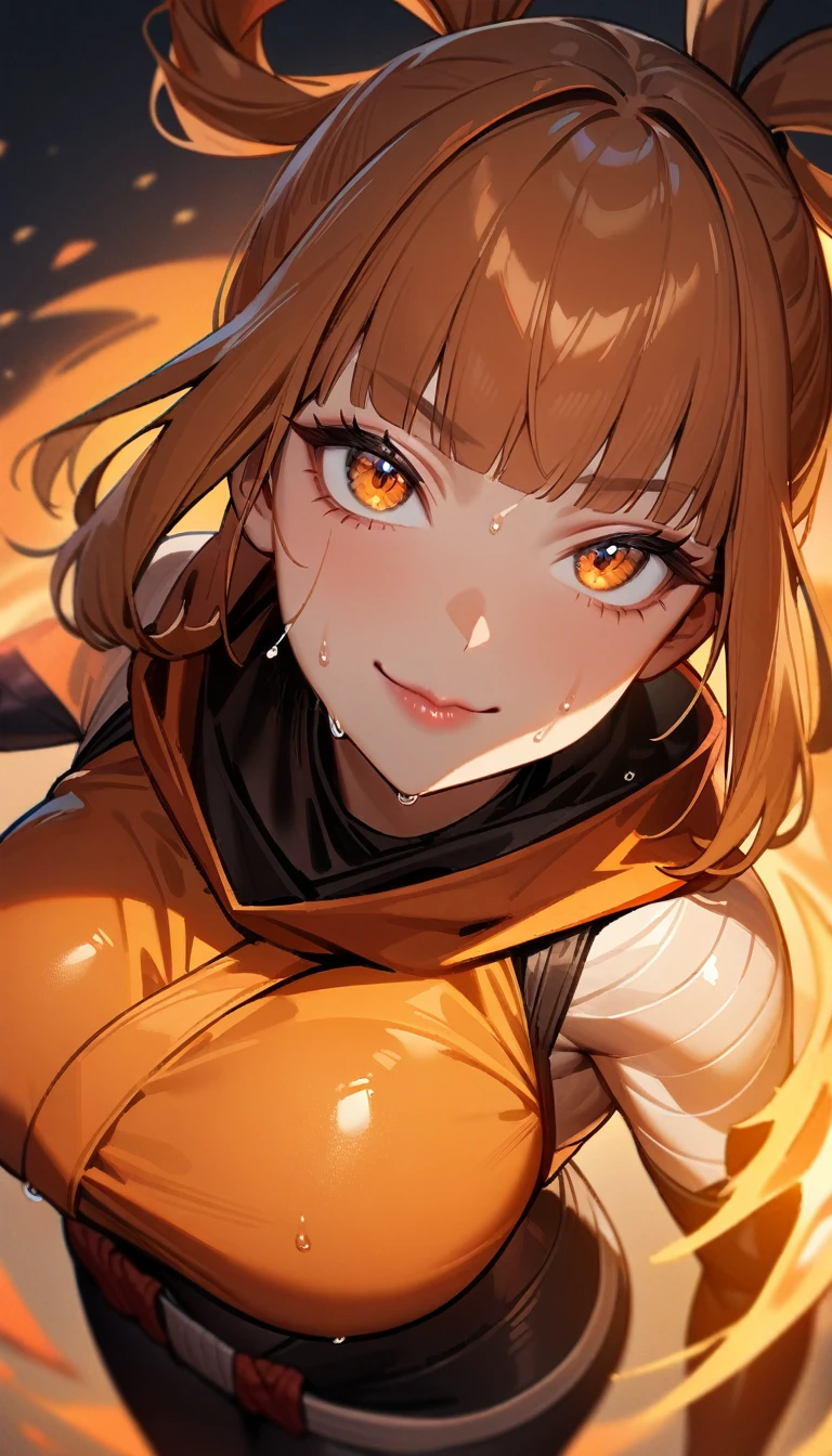 1girl,solo,super detailed skin,shiny skin,wet oily skin,expressionless face,smile,orange hair,blunt bangs,hair rings,detailed eyes,eyelashes,lips gloss,large breasts,asymmetry body suit,Shinobi clothes,fist,orange magic ,simple background,masterpiece,best quality,ultra detailed,high resolution,sharp focus