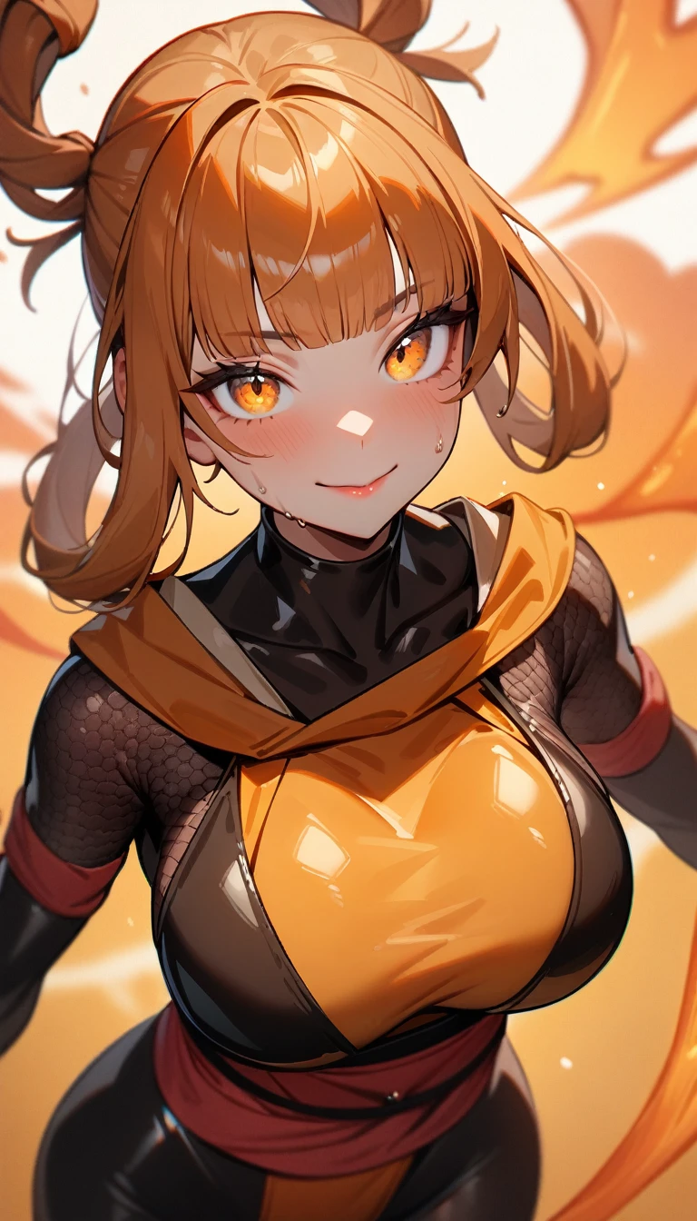 1girl,solo,super detailed skin,shiny skin,wet oily skin,expressionless face,smile,orange hair,blunt bangs,hair rings,detailed eyes,eyelashes,lips gloss,large breasts,asymmetry body suit,Shinobi clothes,fist,orange magic ,simple background,masterpiece,best quality,ultra detailed,high resolution,sharp focus