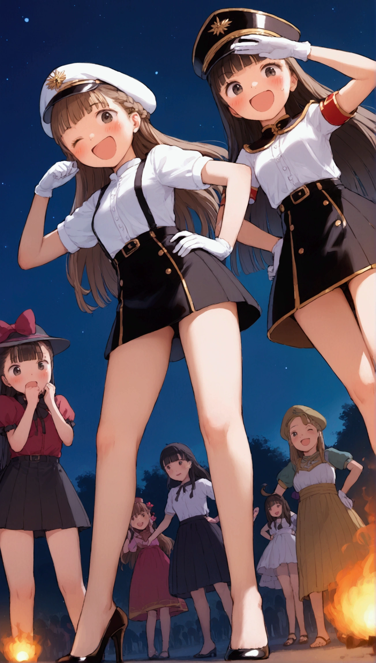 {Highest quality}, {Super beautiful},{Ultra fine},{Best illustration},Brown Hair,Hime cut,long hair,Braid,One woman,Standing Woman,Strike a pose,Adult women,smile,Excited face,Wink,Uniform cap,White Shirt,Short sleeve,long black skirt,White gloves,Night Festival,Blushing,Slender,Black stiletto heels,barefoot,From an angle,From below,Put one hand on your hip,Woman with closed legs