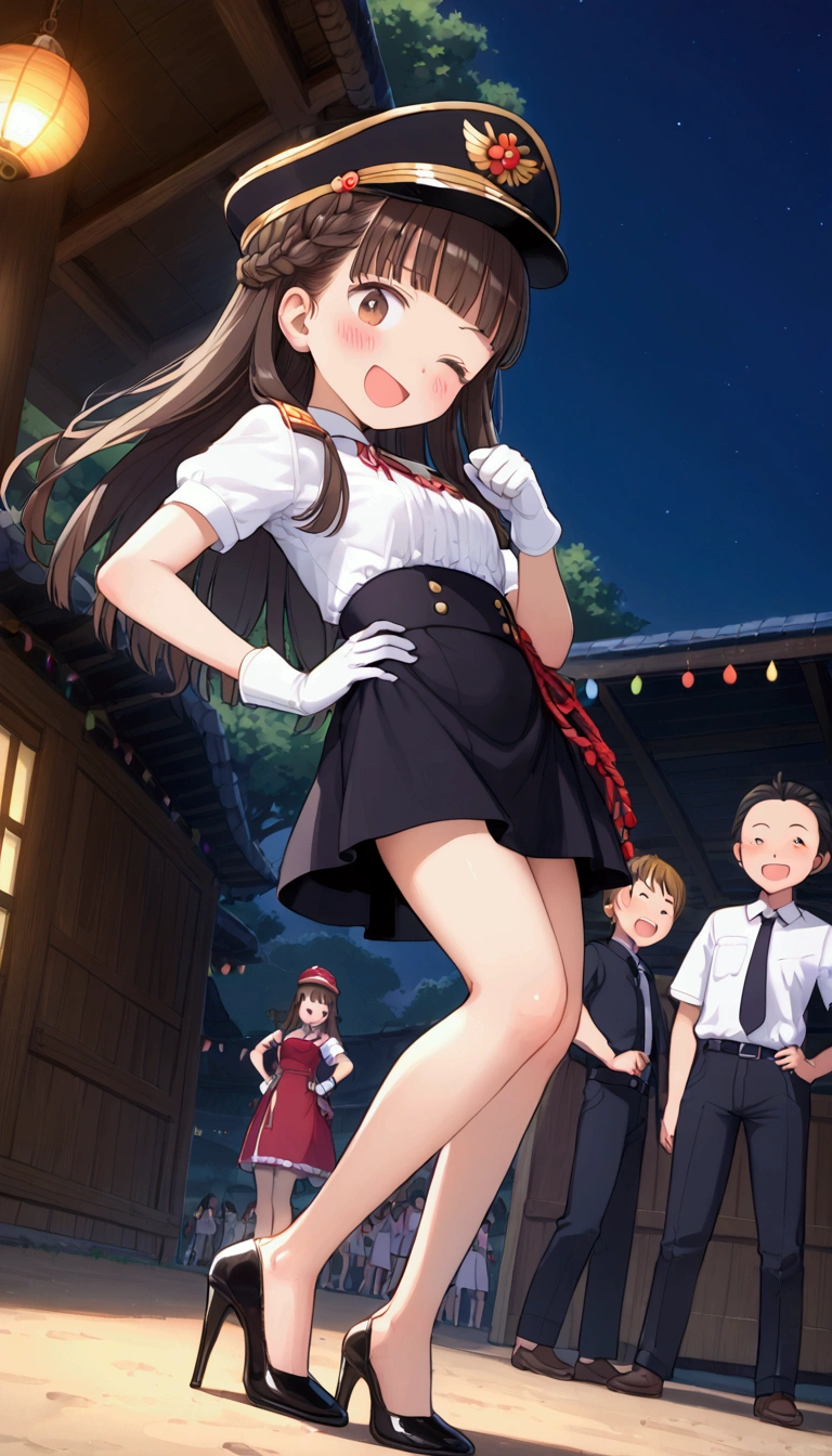 {Highest quality}, {Super beautiful},{Ultra fine},{Best illustration},Brown Hair,Hime cut,long hair,Braid,One woman,Standing Woman,Strike a pose,Adult women,smile,Excited face,Wink,Uniform cap,White Shirt,Short sleeve,long black skirt,White gloves,Night Festival,Blushing,Slender,Black stiletto heels,barefoot,From an angle,From below,Put one hand on your hip,Woman with closed legs