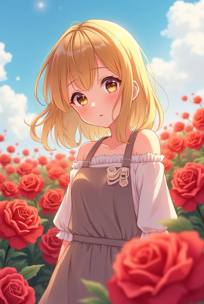 Anime girl, blonde hair brown eyes in a rose field