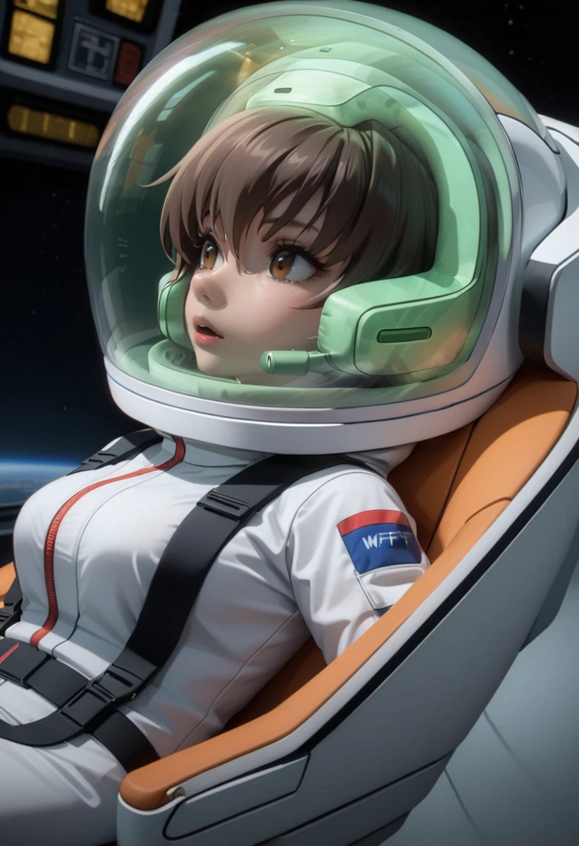 eva helm, spacesuit , astronaut), bubble helmet, space helmet,spacesuit:1.15), white cargo pants, (ugh, wtf do these buttons do:1.3), inside the cockpit of a (futuristic spaceship:1.1), sitting in the captains chair, (intricate control panels:1.3), from side, girl, women, from above